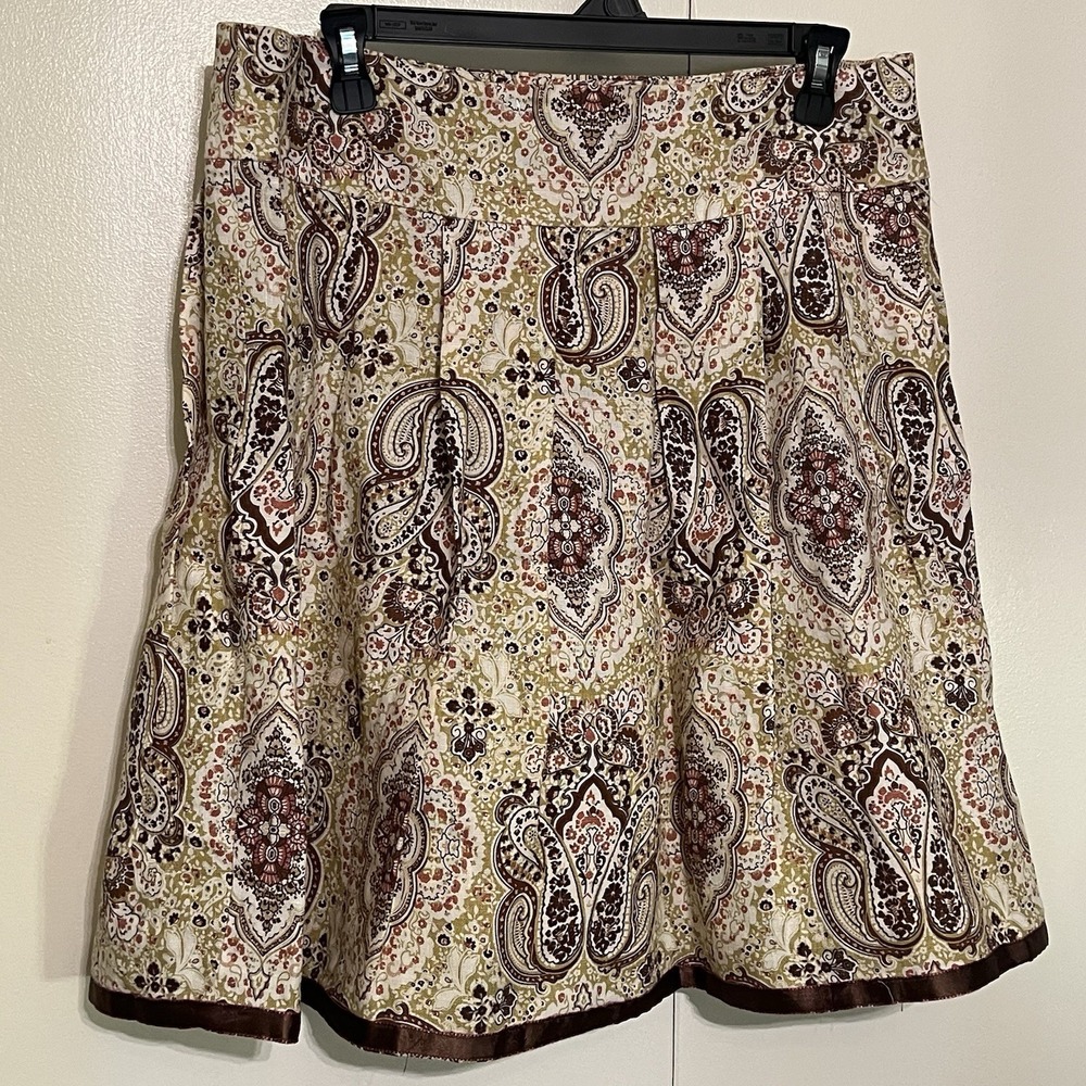 VTG Arden B Y2K Paisley Linen A-Line Skirt Sz 10 Pleated Satin Trim Made in USA